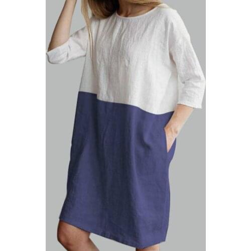 Linen Dress Ladies Loose Stitching Hit Round Neck Sleeve Dress Womens Elegant Vintage Loose Dresses Clothing Plus Size Dresses
