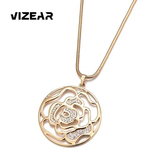 Gold Rose Flower Necklaces & Pendants Round Hollow Crystal Flower Long Necklace Statement Chain Collier Women Wedding Jewelry