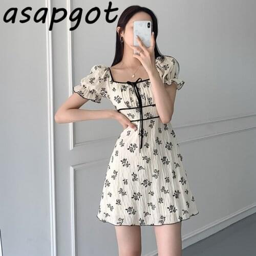 Korea Chic Elegant Retro Slim Square Neck Lace Up Flare Sleeve Floral Dress Women Mini Short Sleeve Fairy Summer Fashion Vestido