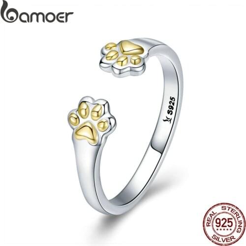 BAMOER Authentic 925 Sterling Silver Animal Footprints Open Size Adjustable Finger Rings for Women Party Wedding Jewelry SCR430