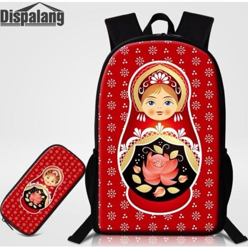 Dispalang 2 PCS Pencil Case Backpack For Girls Russian Matryoshka Doll Printed School Bag Oxford Orthopedic Bookbag For Children
