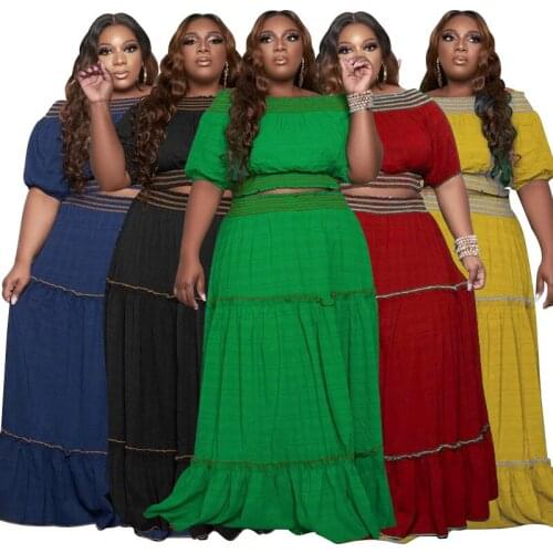 2021 Summer New Women Two Pieces Slash Neck Half Sleeve Crop Tops Elastic Waist Ruffles Ankle-Length Skirts Plus Size Sets