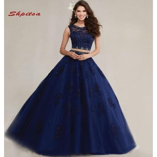 2021 Navy Blue Lace Quinceanera Dresses Ball Gown Two 2 Piece 15 Sweet 16 Puffy Quinceanera Gown Prom Dresses for 15 Years