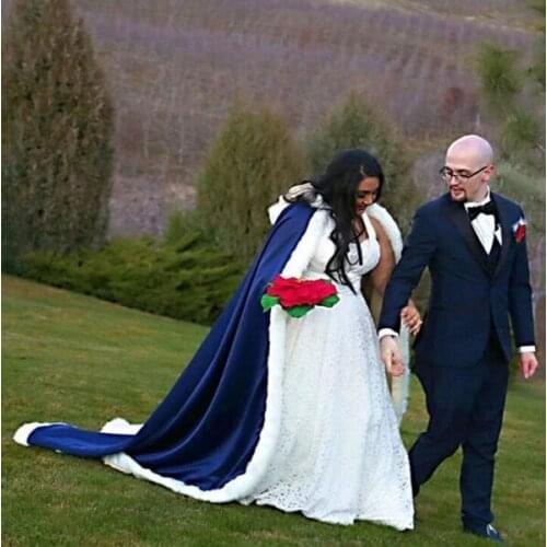 White Long Satin Bridal Winter Wedding Cape Hooded Cloak Fur fur Jacket Wedding Accessories