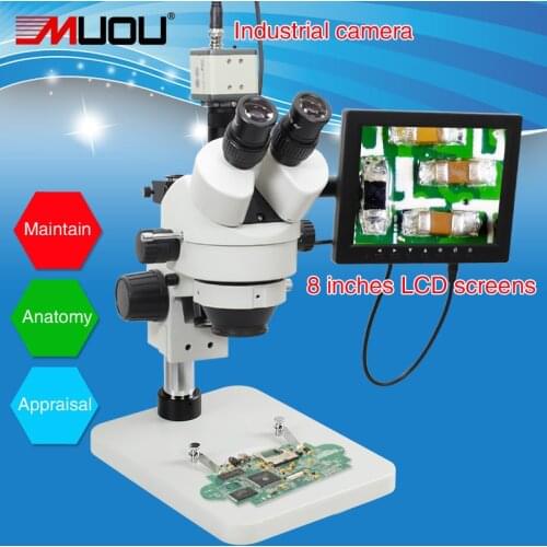 LCD screen Continuous zoom binocular visual 7-45X Trinocular stereo microscope+Industrial Camera+56 LED light for LAB PCB USB