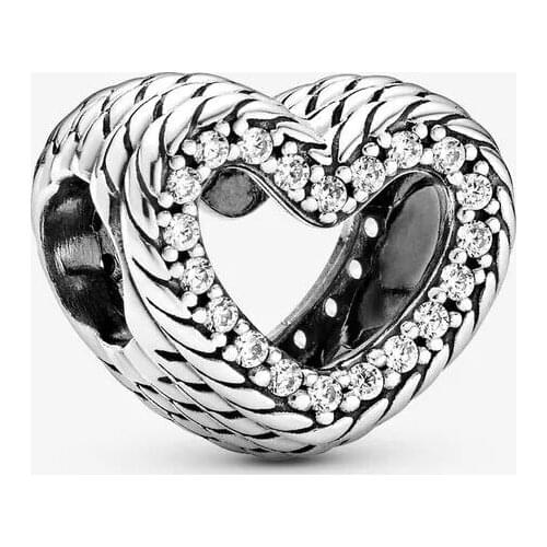 100% 925 Sterling Silver Snake Chain Pattern Open Heart Charm Beads for Jewelry Making Fits Original Pandora Bracelet bijoux