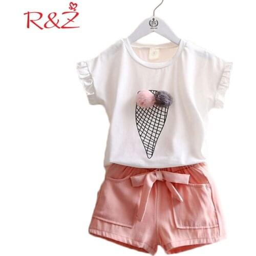 R&Z childrens suit 2018 summer new INS explosion models small and medium girls cotton ice cream flowers t-shirt shorts two-piec