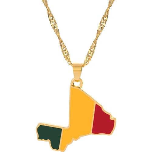 Mali Map & Flag Pendant Necklaces for Women Men Gold Color Ethnic Jewelry Colorful Enamel Republic of Mali Pendant