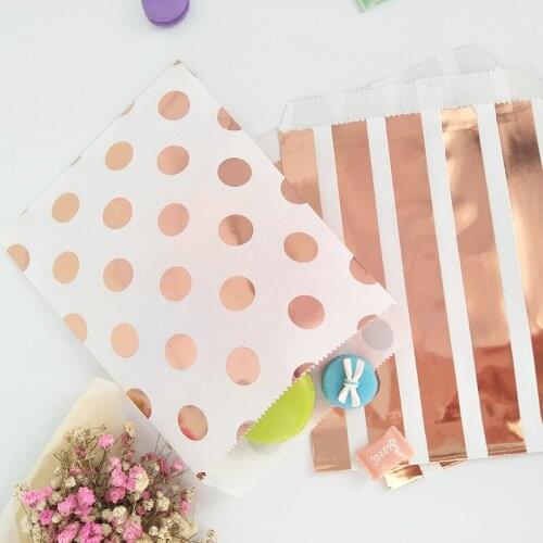 50pcs Rose Gold Copper Foil Favor Bags Polka Dots and Striped Shiny Metallic Colored Wedding Birthday Baby Shower Party Supplies