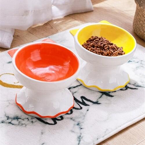 Cute Bow Cat Bowls Ceramic Pet Bowl High-Foot Puppy Kitten Protect Cervical Spine Food Dispenser Cute Pet Feeder Dog Accessory