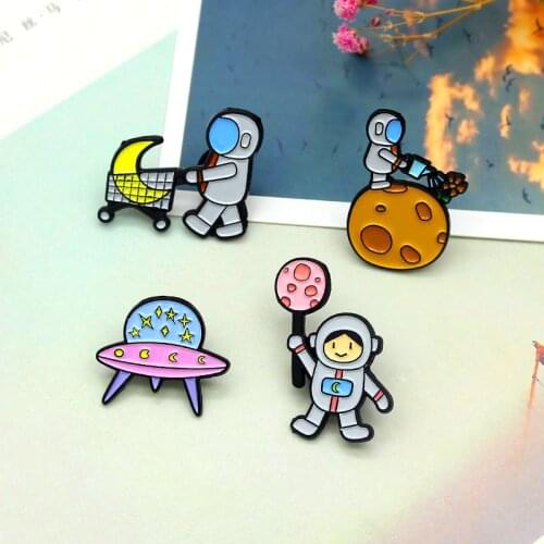Cartoon Cute Planet Moon Astronaut Spaceship Enamel Brooch Lollipop Flower Shopping Cart Alloy Pins Badge Woman Jewelry Gift
