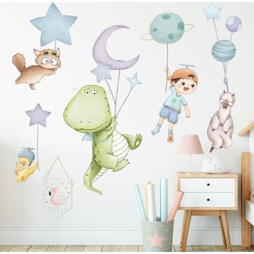 BRUP Cartoon Animals Dinosaur Fly with Planet Balloons Wall Stickers for Kids Room Baby Room Decals Home Decorative Stickers