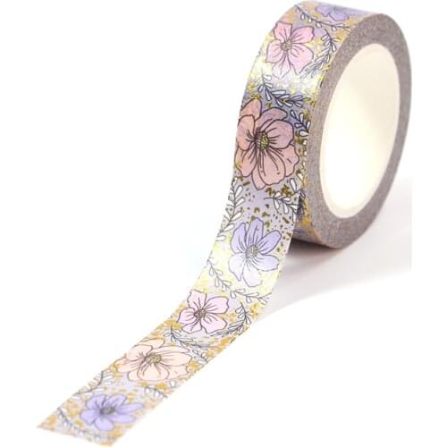 NEW 1PC Decorative Gold Foil Daisy Purple Flowers Washi Tapes Paper for Bullet Journal Adhesive Masking Tape Kawaii Stationery