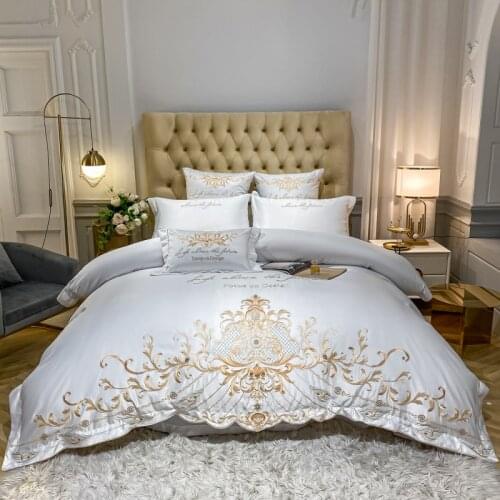 New Luxury White 60S Satin Silk Cotton Bedding Set Gold Royal Embroidery Duvet Cover Flat/Fitted Sheet Pillowcases Home Textiles