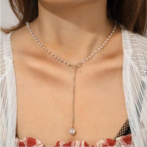 HuangTang Charming Bow-knot Pendant Pearl Necklace for Women Shinny Crystal Chain Choker Necklace Weedings Jewelry Gift C18103