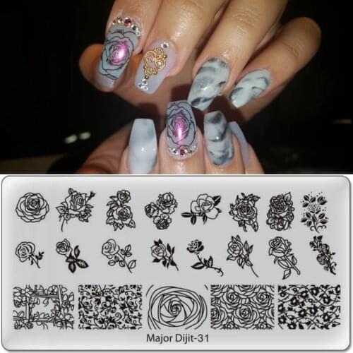 Major Dijit Nail Stamping Plate Stamp Flower Plate Line Net Design Rectangle Manicure Stamp Template Nail Art Image Plate