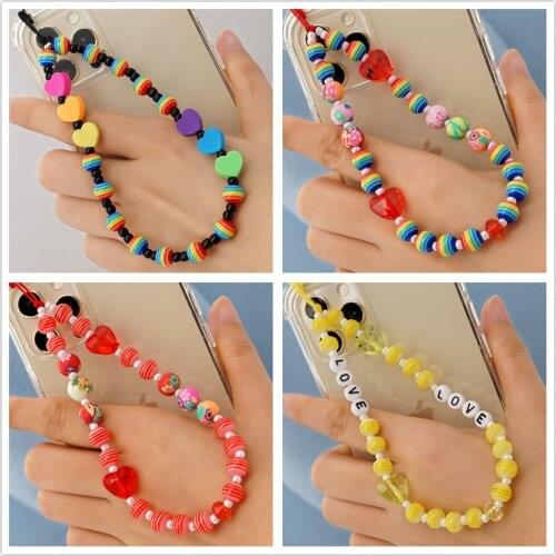 Rainbow Stripes Beaded Mobile Phone Strap Lanyard Soft Pottery Rope For Cell Phone Case Hanging Cord For Cellphone Accessories