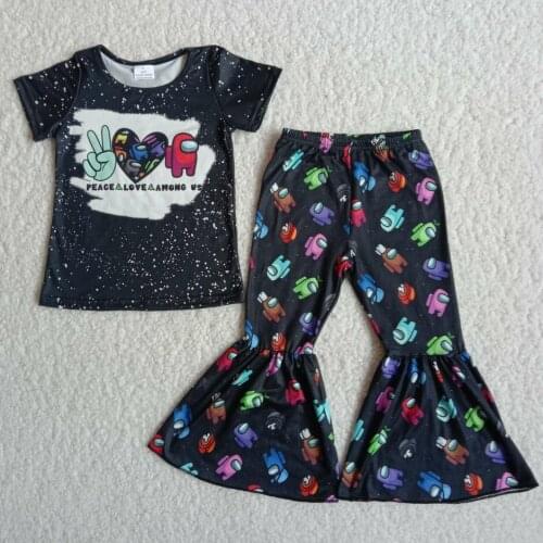 RTS wholesale kids clothes boutique outfits clothing short sleeve tee shirt top bell bottom pants summer spring 2pcs design sets