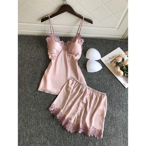 Sexy V-Neck Women Pyjamas Summer Satin Chest Pad Nightdress Shorts Twinset Pajamas