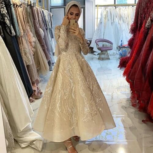 Serene Hill Muslim Gold A-Line Evening Dresses Gowns 2021 Lace Beading Crystal For Women Party LA70957