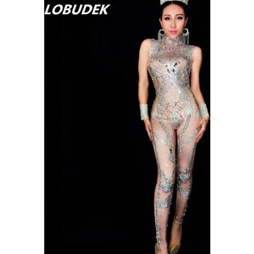 Full Rhinestones sexy Jumpsuit Sparkling Crystals DJ DS costumes Bar Club Female singer Catwalk Celebration Party stage Costume