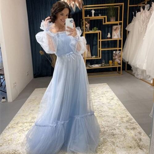 Thinyfull Elegant Sky Blue Tulle Evening Dresses Puff Long Sleeves Off the Shoulder A-Line Long Princess Prom Gowns Custom Size