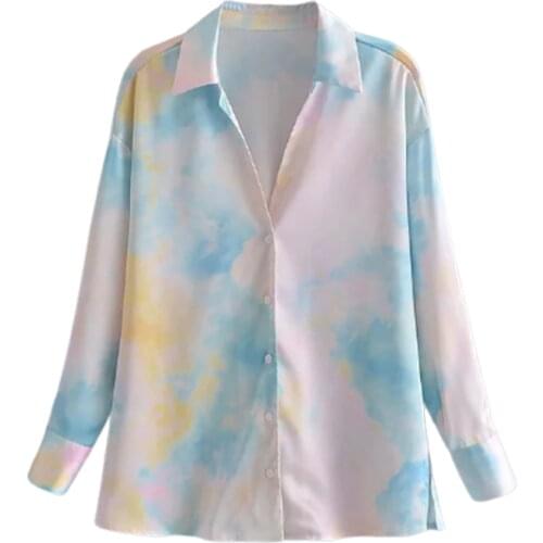 XEASY 2021 New Summer Women Vintage Satin Tie Dye Oversize Shirt Female Streetwears Casual Single-Breasted Shirt Chic Top