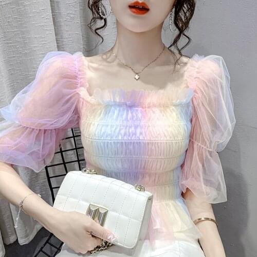 Summer korean clothes mesh puff sleeve crop top fashion rainbow sweet shirt women slash neck off shoulder short blouses femme