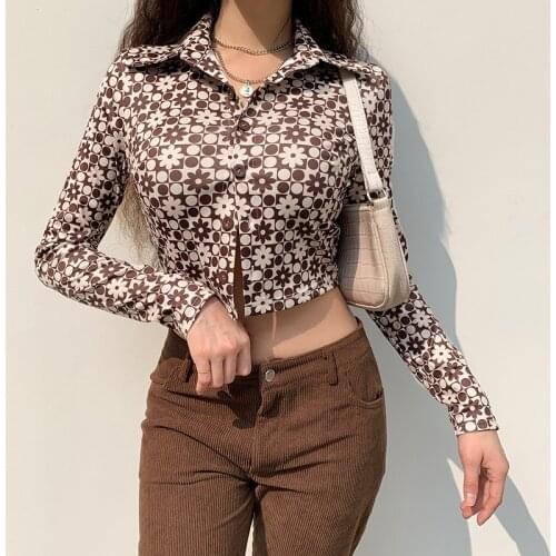 Summer Women Blouse 2021 Brown Black Long Sleeve Casual Sheath Ladies Shirts Fashion V Neck Vintage Print Crop Top