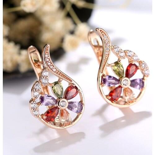 FYM Fashion Rose Gold Color Flower Shape Crystals Hoop Earrings Jewelry Zirconia Earrings For Women Best Quality Jewelry