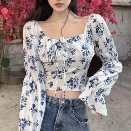 2021 Summer Flower Vintage Tops Women Long Sleeve Elegant Casual Blouse Korean Fashion Bandage Design French Sweet Y2k Shirts