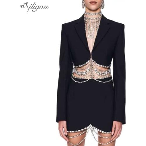 Ailigou Blazer Mini Skirt Black Two-Piece Women Beaded Tassel High Waist Sexy Two-Piece Suit 2021 Summer New Streetwear
