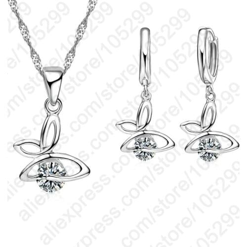 Top Quality 925 Sterling Silver Jewelry Crystal CZ ButterFly Insects Pendant Necklace Drop Earring For Woman Wedding Sets