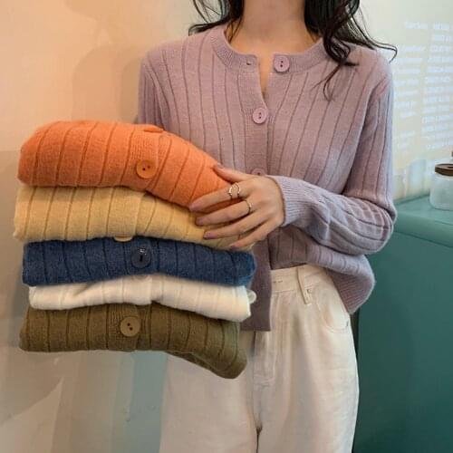 Women Knitted Cardigans Sweater Fashion Autumn Long Sleeve Loose Coat Casual Button Thick V Neck Solid Female Tops 2021 Cloths