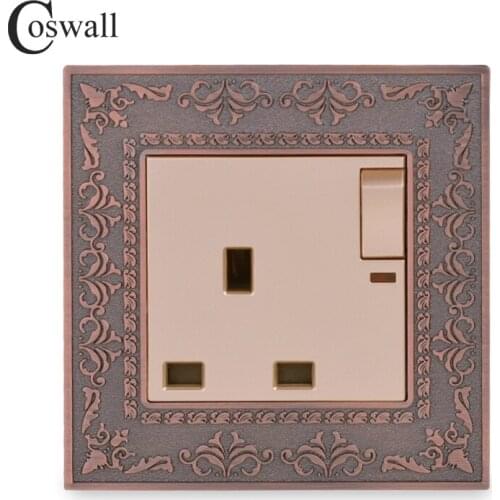 Coswall Embossing Retro Zinc Alloy Panel British Wall Power Socket 1 Gang 13A UK Standard Switched Outlet With Neon Indicator