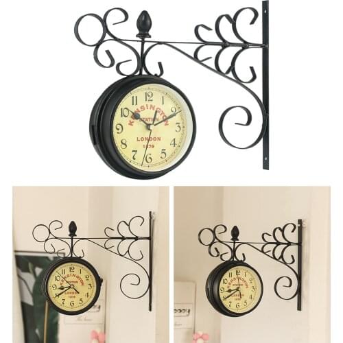 Decorative Double Faced Wall Clock Antique Station Wall Clock Quiet Retro Ornament Indoor/Outdoor Home Living Room Decoration