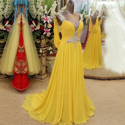 Affordable Yellow Spaghetti Strap Open Back V Neck Prom Dress 2021 Sleeveless Applique Chiffon Gold Evening Dresses With Beaded