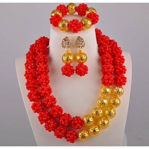 Crystal Ball Beaded Sets Opaque Red African Wedding Beads Necklace Jewelry Set Nigerian Wedding Sets