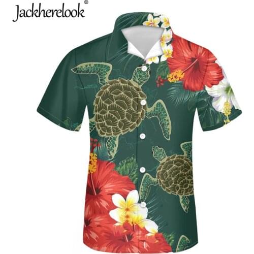 Jackherelook Plus Size Men Shirts Hawaiian Turtle Hibiscus Plumeria Summer Short Sleeve Shirt Male Blouse Streetwear Camisas