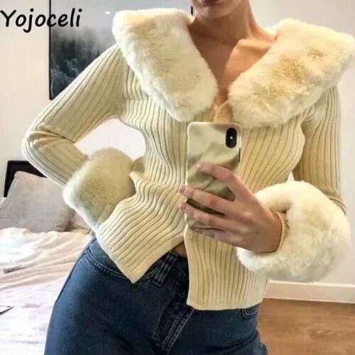 Yojoceli Elegant faxu fur knitted women cardigan Autumn sexy green sweater cardigan female Winter casual cool knitting outerwear