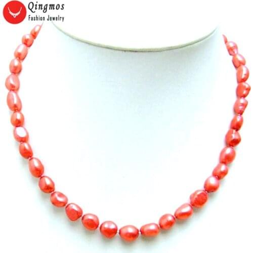 Qingmos Fashion Red Pearl Necklace for Women with 7-9mm BAROQUE Natural Freshwater Pearl Chokers Jewelry 17" Colar Nec5784