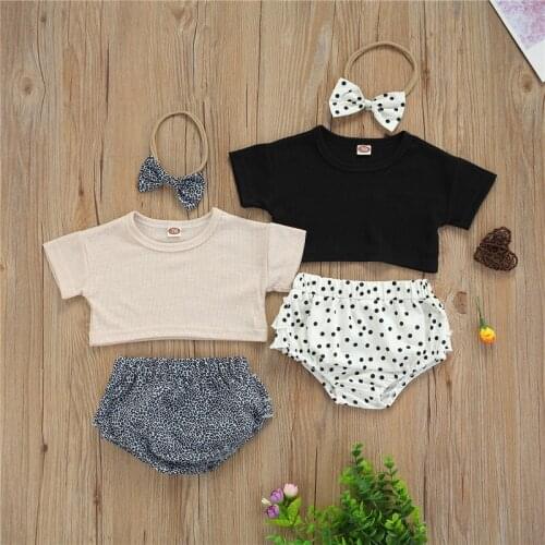 3pcs Toddler Infant Baby Girl Summer Clothes Outfits Ribbed Knitted Short Sleeve Pullover T-shirts+Layered Print Shorts+Headwear