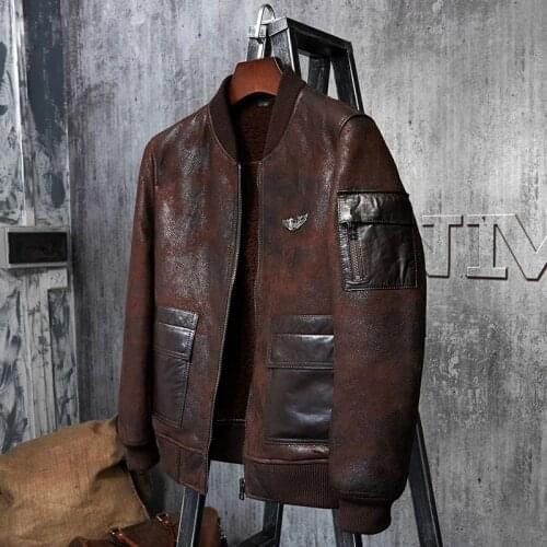 Flight Jacket Short Fur Leather Jacket Mens Shearling Coat Imported Wool From Australia Man Sheepskin Aviator Fur Coat