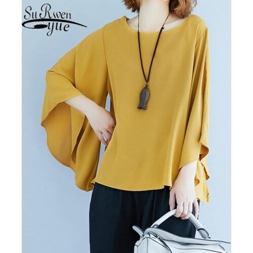 Fashion Solid Women Blouses Cotton Woman Shirt Simple Korean Top Female Irregular Flare Sleeves Loose Office Lady Clothes 9426