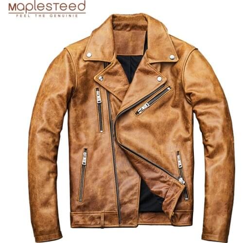 Natural Oil Wax Calf Skin Jackets Men Leather Jacket Thick Turn Down Collar Yellow Brown Mens Skin Coat Winter M098