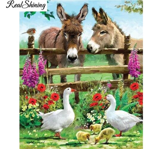 REALSHINING 5D DIY Diamond Painting Cross Stitch Donkey Ducks Farm Full Square Mosaic Diamond Embroidery sales decor FS2288