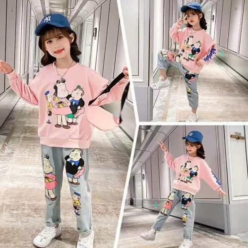 2021 New Childrens Set Girls' Autumn Clothes Big Girls Printed Cartoon Two Piece Childrens Wear Casual T-shirt+Denim Pants