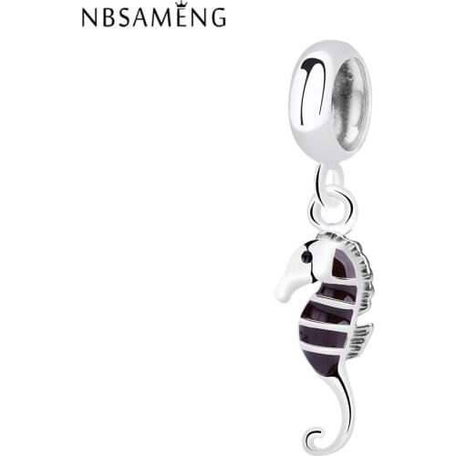 Original 925 Sterling Silver Bead Charms Cute Black Seahorse Pendant Charm Fit Bracelet Bangle Beads For Jewelry Making