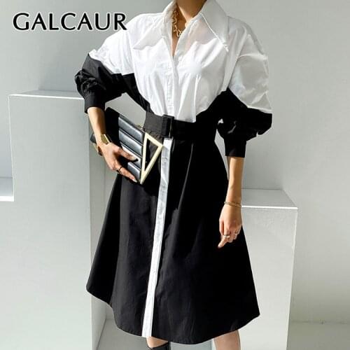 GALCAUR Patchwork Colorblock Dresses For Women 2021 Lapel Collar Lantern Sleeve High Waist Summer Dress Female New Clothing