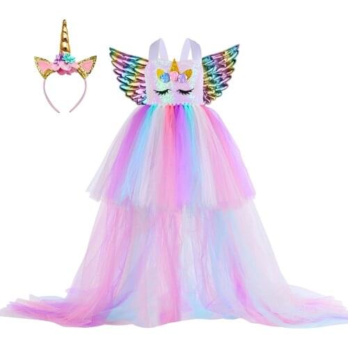 Girls Unicorn Dress with Long Tail Fancy Girl Princess Unicorn Birthday Party Tutu Dresses Ball Gown Halloween Costume for Kids